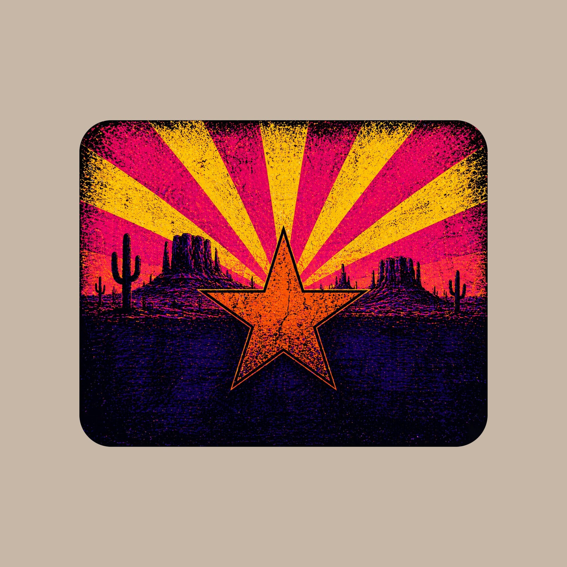 Close-up of the Neon Arizona Flag Star design on a Heather Stone tee