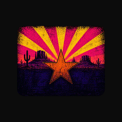 Close-up of the Neon Arizona Flag Star design on a Solid Black Blend V-neck tee