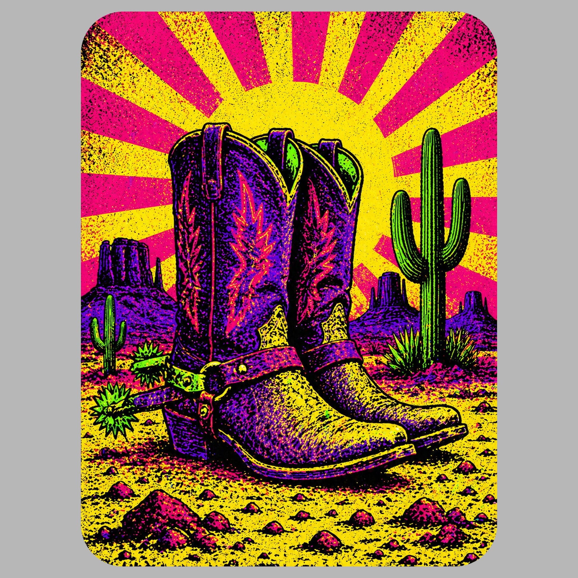 Close-up of the Neon Sunburst Boots design on an Athletic Heather tee