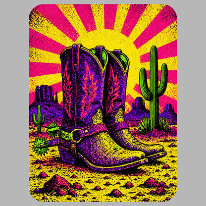 Close-up of the Neon Sunburst Boots design on an Athletic Heather tee