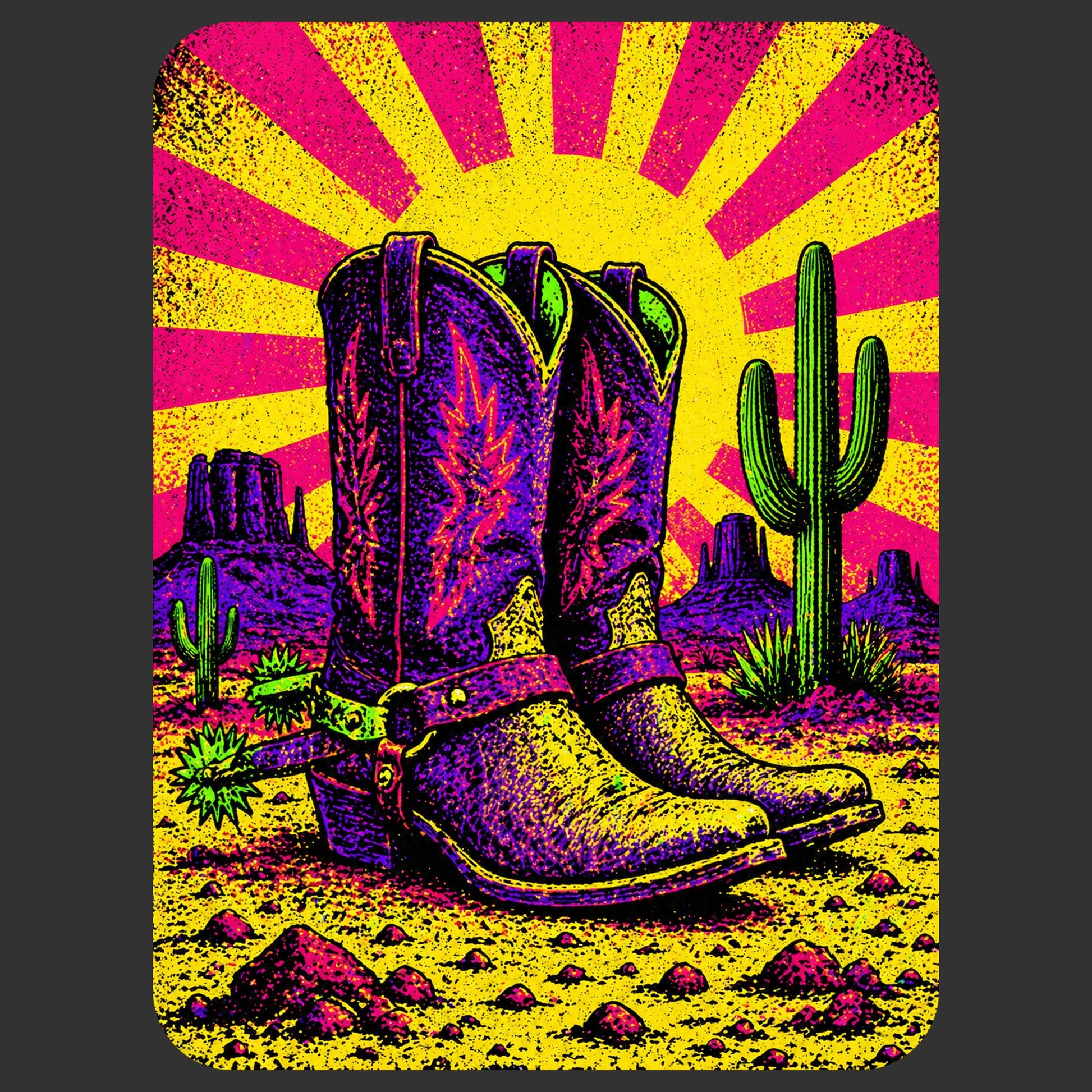 Close-up of the Neon Sunburst Boots design on a Dark Grey Heather tee