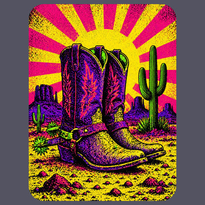 Close-up of the Neon Sunburst Boots design on a Heather Navy tee