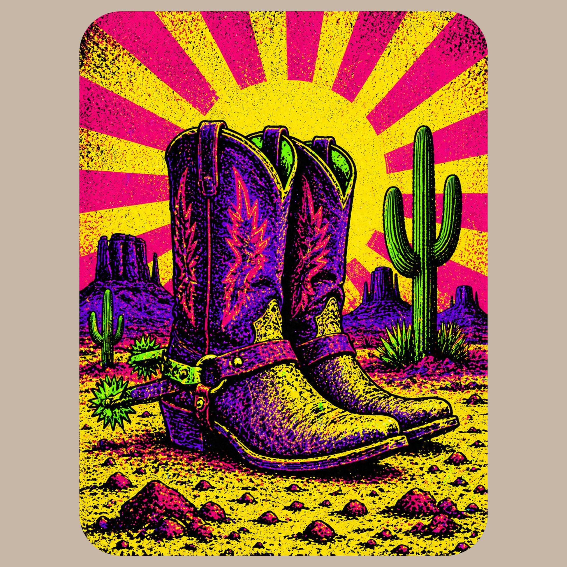 Close-up of the Neon Sunburst Boots design on a Heather Stone tee