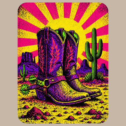 Close-up of the Neon Sunburst Boots design on a Heather Stone tee