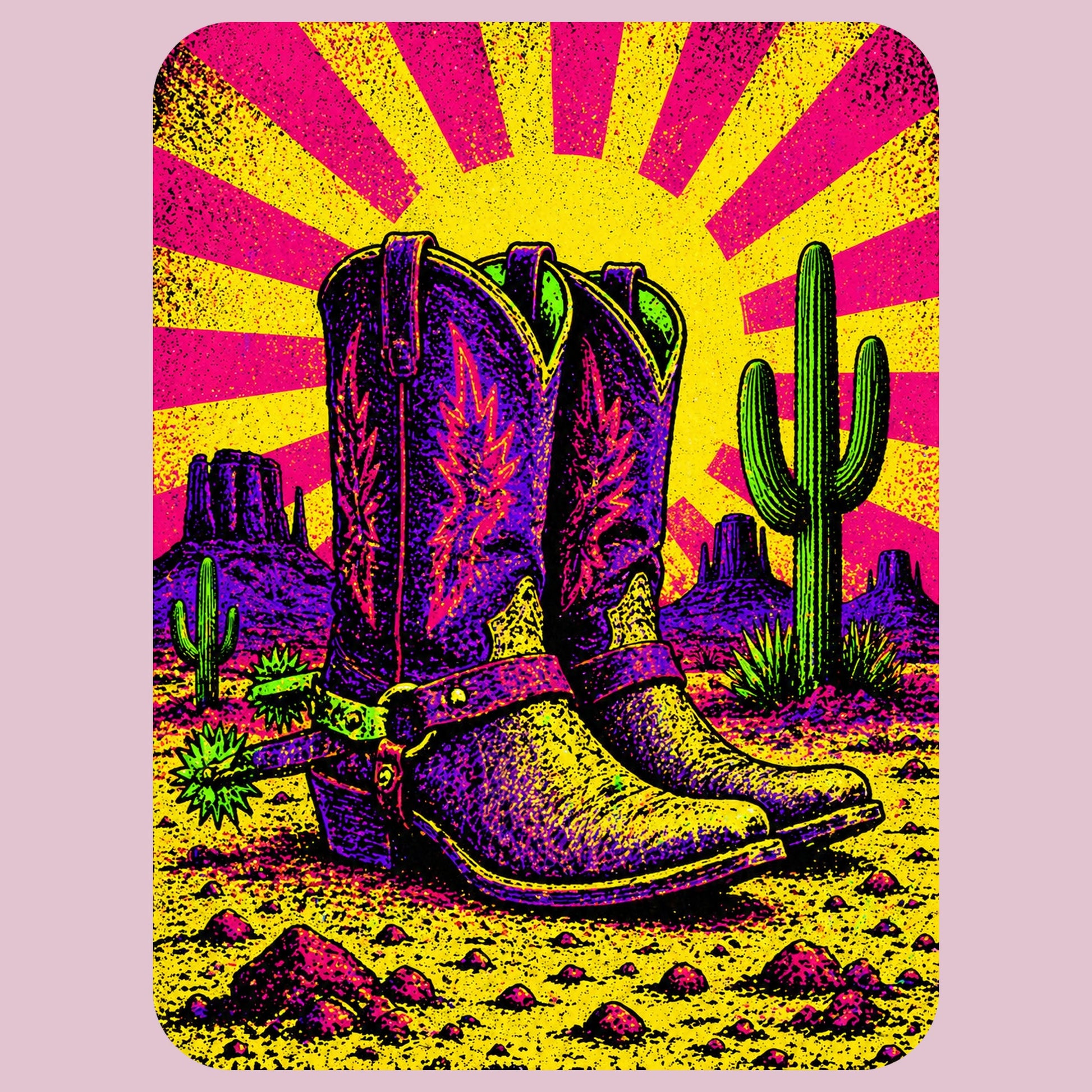 Close-up of the Neon Sunburst Boots design on a Light Violet tee