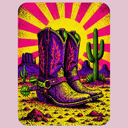 Close-up of the Neon Sunburst Boots design on a Light Violet tee