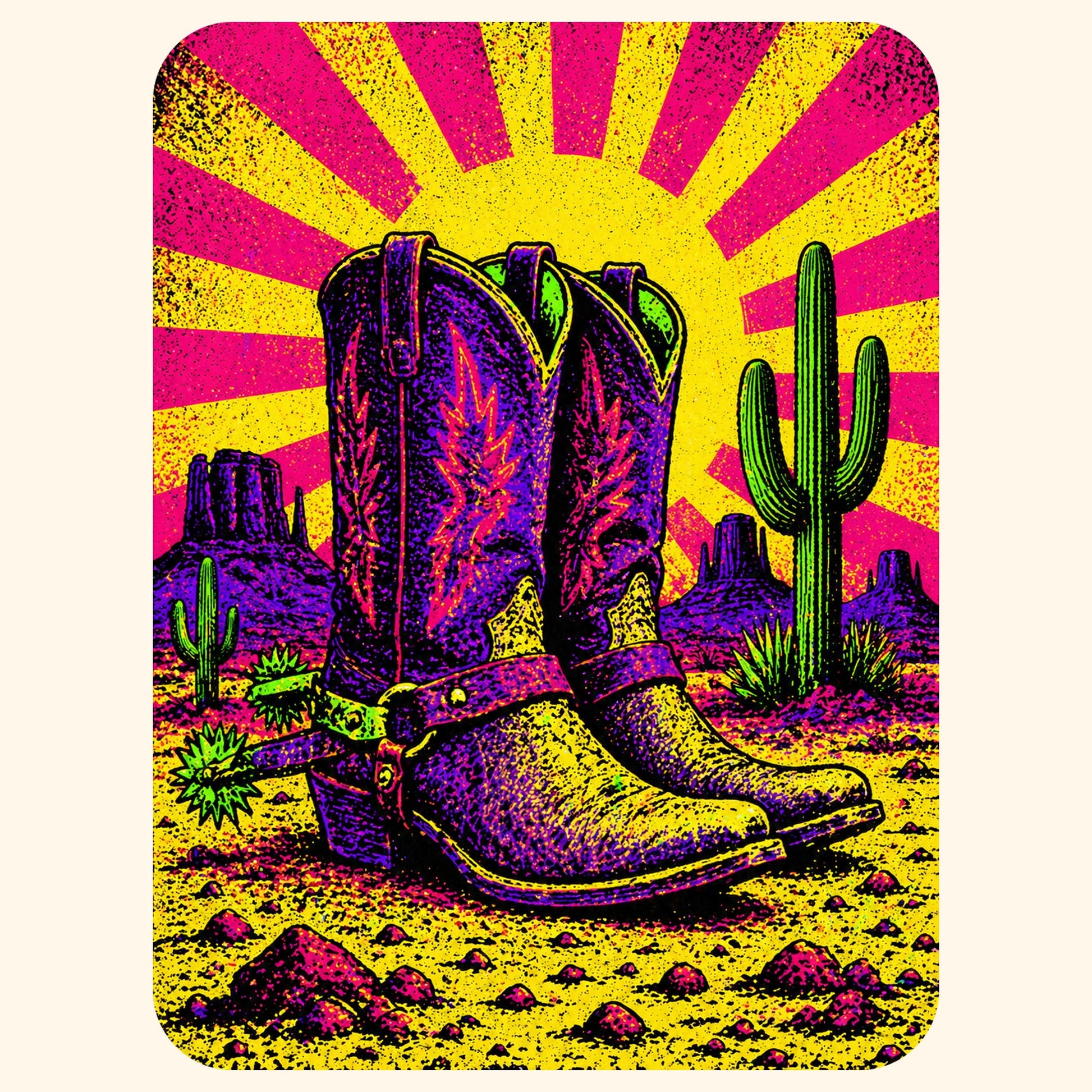 Close-up of the Neon Sunburst Boots design on a Natural tee