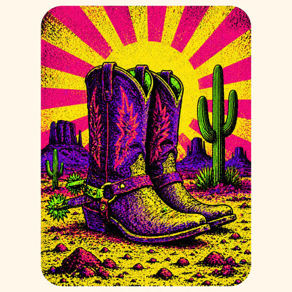 Close-up of the Neon Sunburst Boots design on a Natural tee