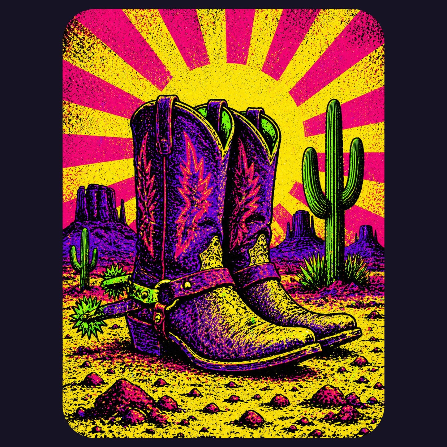 Close-up of the Neon Sunburst Boots design on a Navy tee