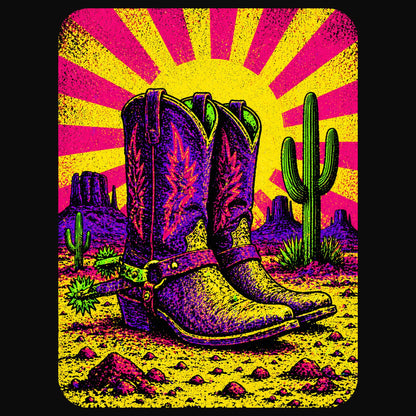 Close-up of the Neon Burst Cowboy Boots design on a Solid Black Blend V-neck tee