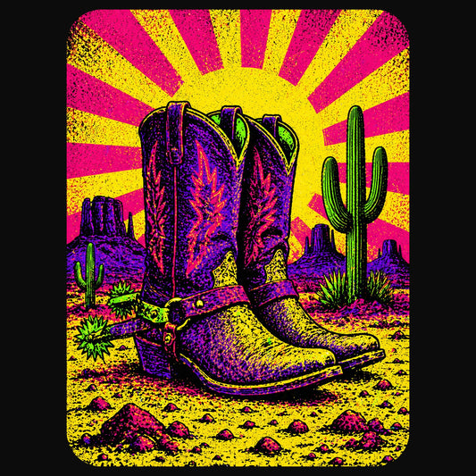 Close-up of the Neon Burst Cowboy Boots design on a Solid Black Blend V-neck tee