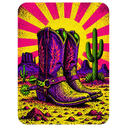 Close-up of the Neon Burst Cowboy Boots design on a Solid White Blend V-neck tee