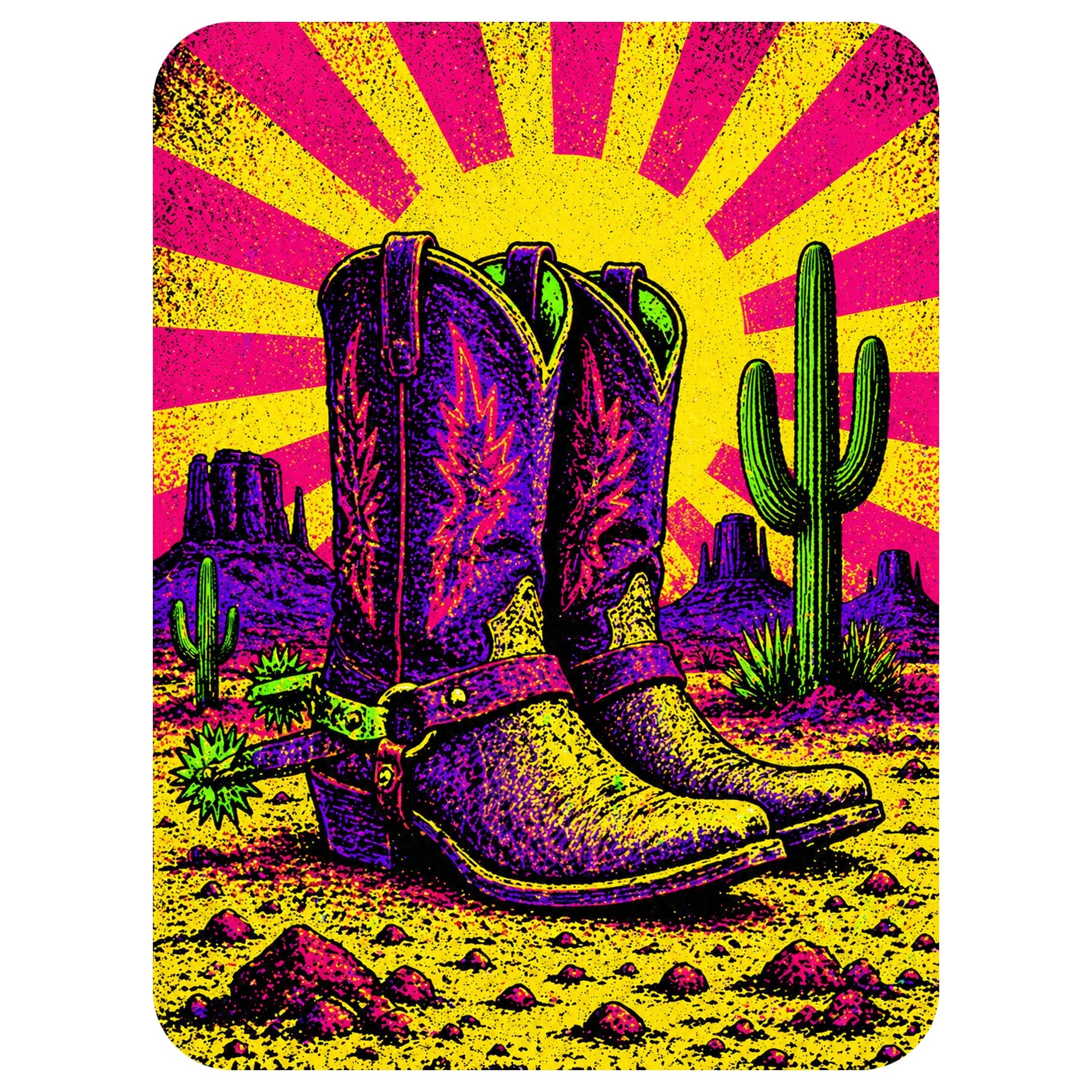 Close-up of the Neon Sunburst Boots design on a White tee