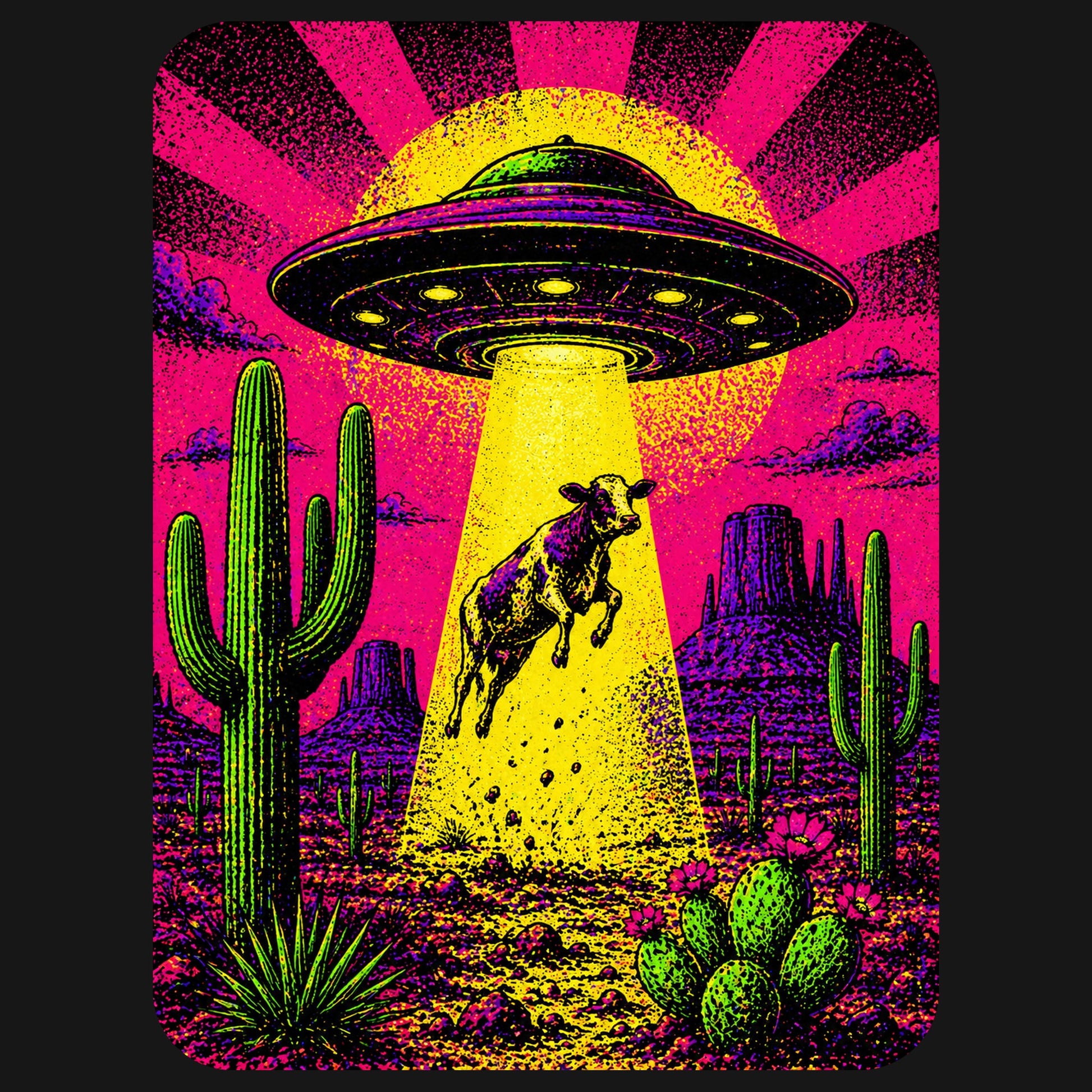 Close-up of the Neon Cow Abduction design on a Black tee