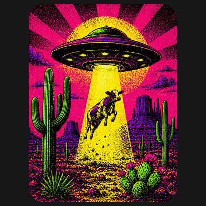 Close-up of the Neon Cow Abduction design on a Black tee