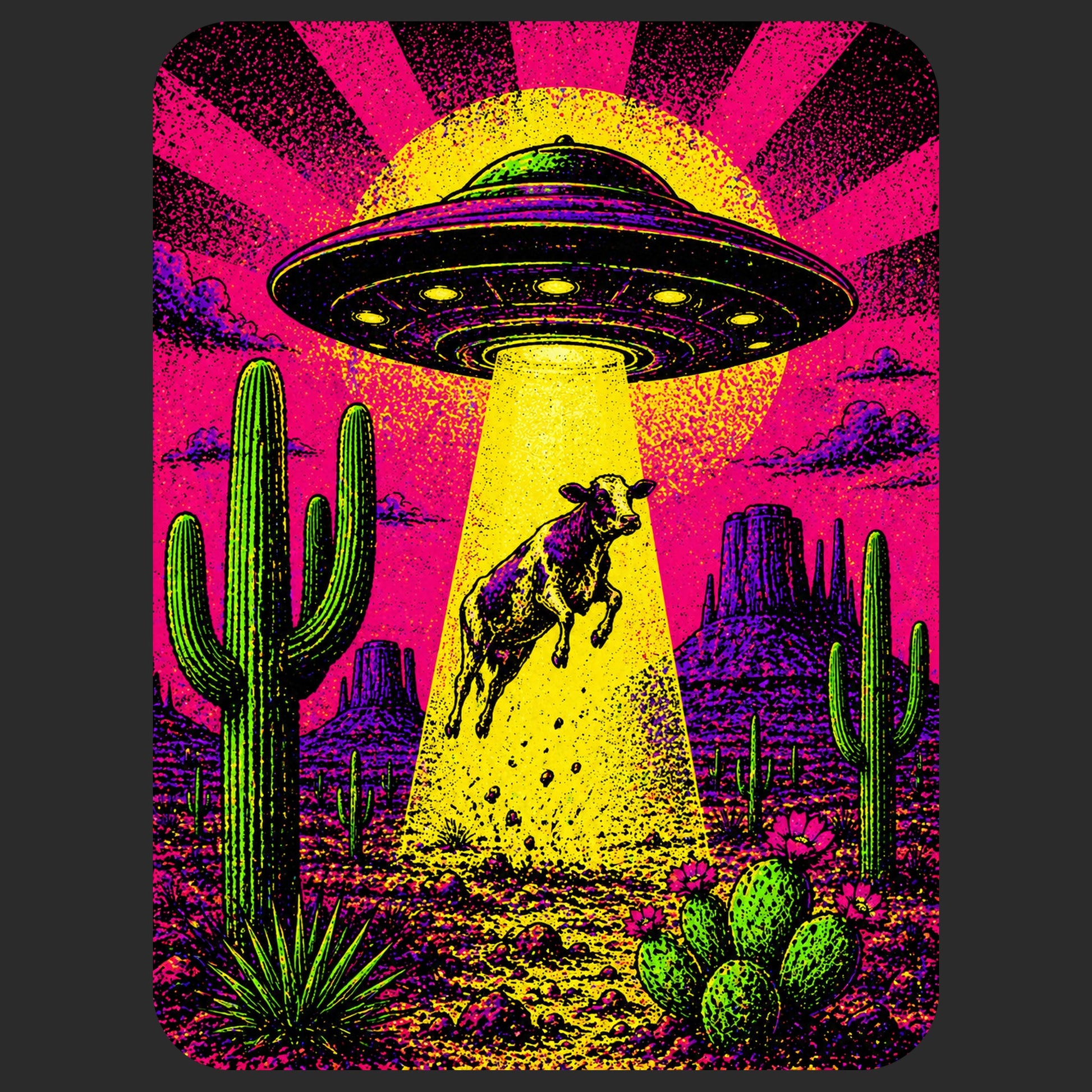 Close-up of the Neon Cow Abduction design on a Dark Grey Heather V-neck tee