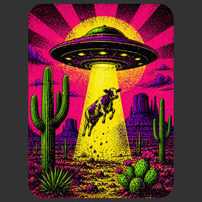 Close-up of the Neon Cow Abduction design on a Dark Grey Heather tee