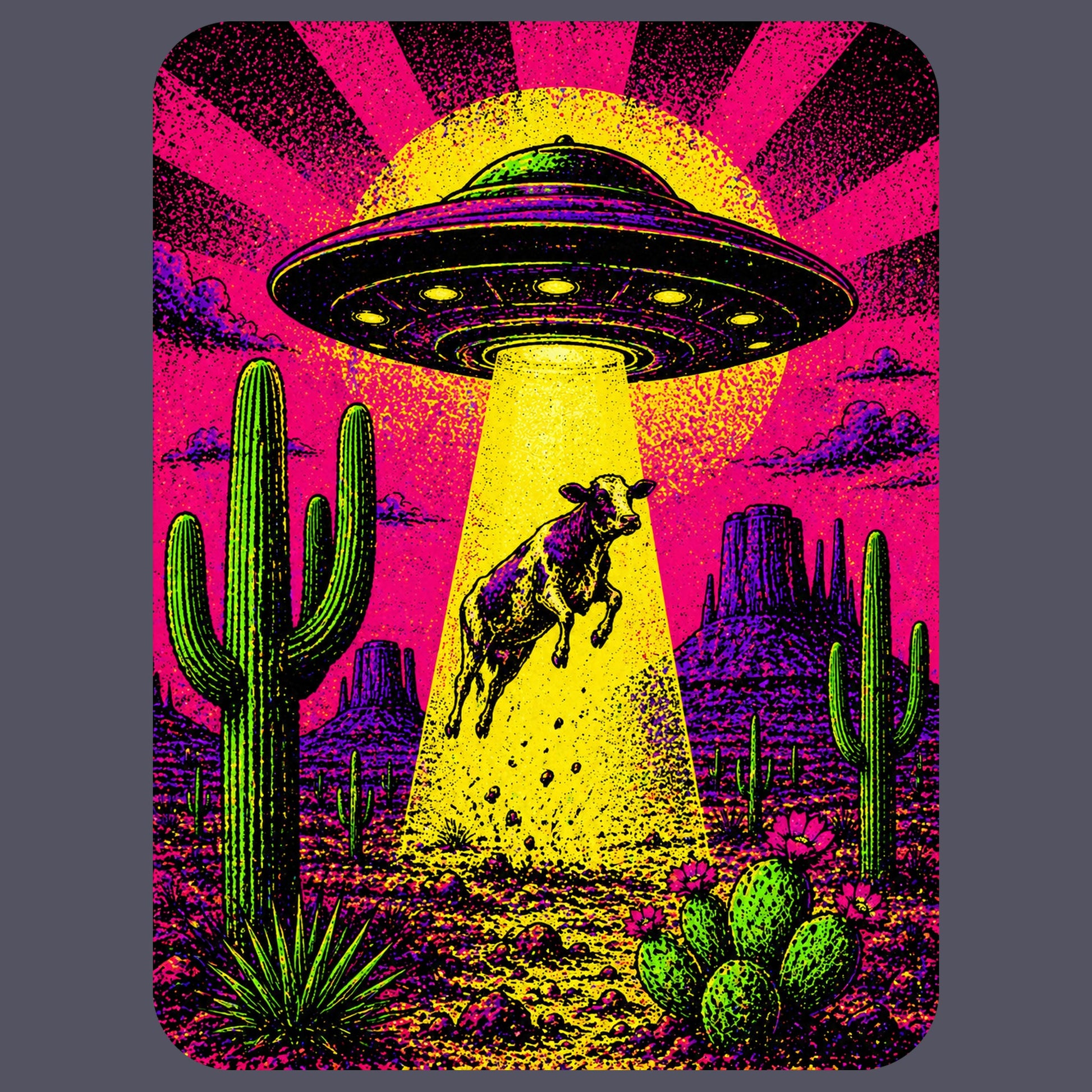 Close-up of the Neon Cow Abduction design on a Heather Navy tee