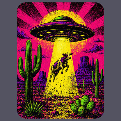 Close-up of the Neon Cow Abduction design on a Heather Navy tee