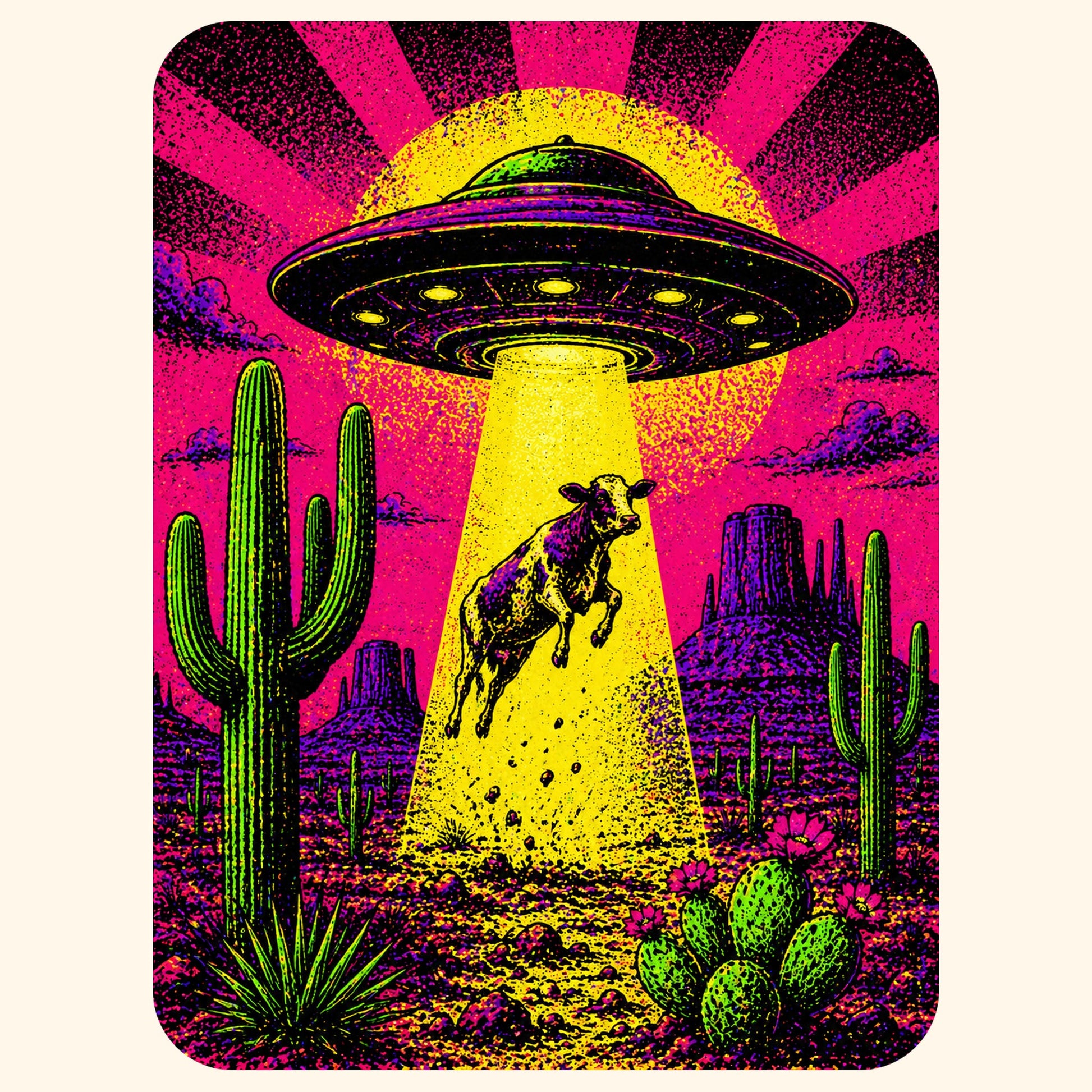 Close-up of the Neon Cow Abduction design on a Natural tee