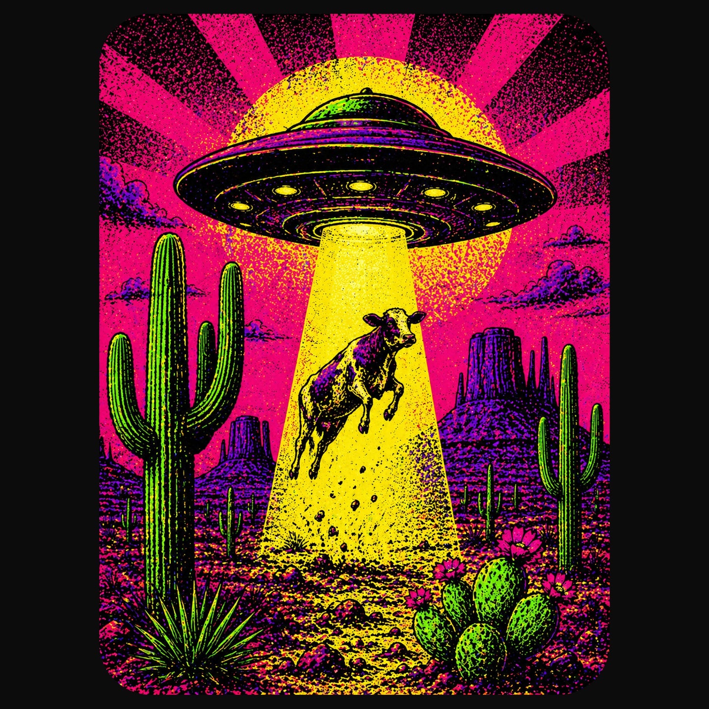 Close-up of the Neon Cow Abduction design on a Solid Black Blend V-neck tee