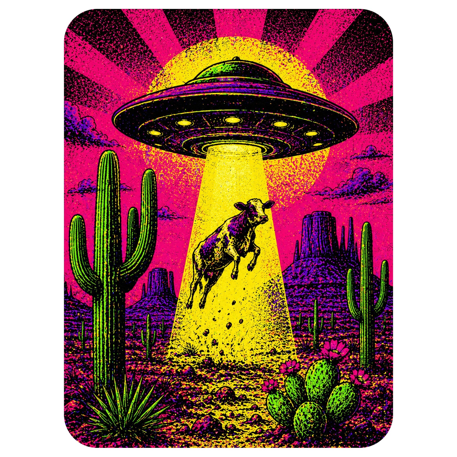 Close-up of the Neon Cow Abduction design on a White tee
