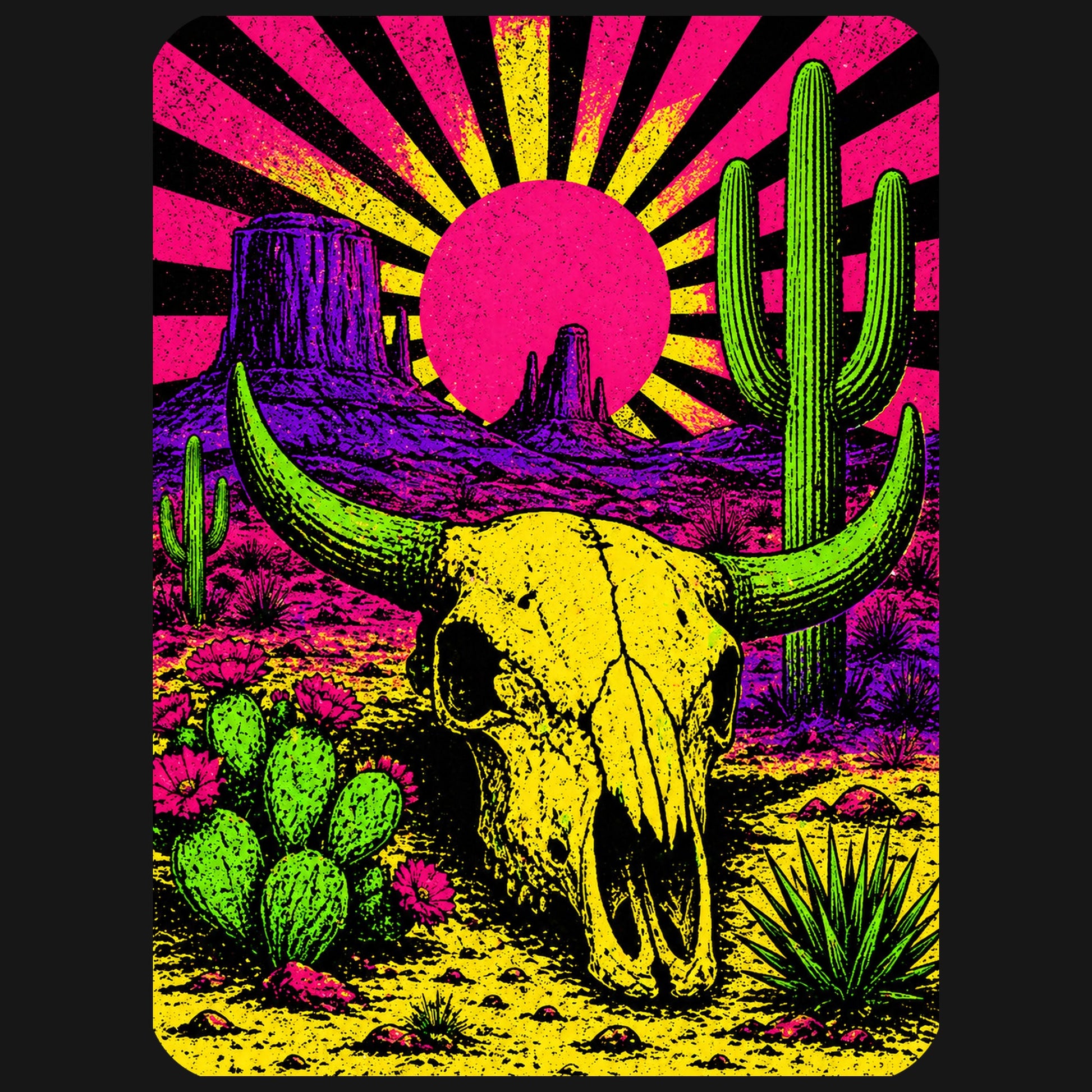Close-up of the Neon Skull Sunburst Desert design on a Black tee