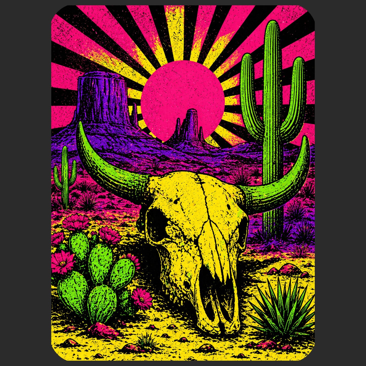 Close-up of the Neon Blacklight Cow Skull design on a Dark Grey Heather V-neck tee
