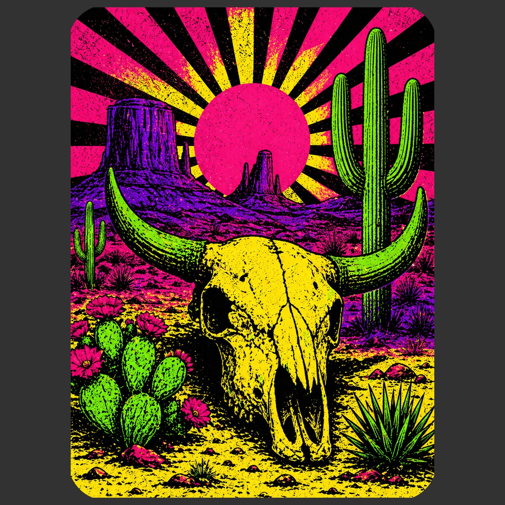 Close-up of the Neon Skull Sunburst Desert design on a Dark Grey Heather tee