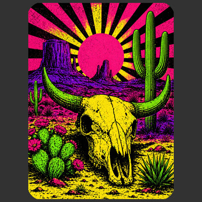 Close-up of the Neon Skull Sunburst Desert design on a Dark Grey Heather tee