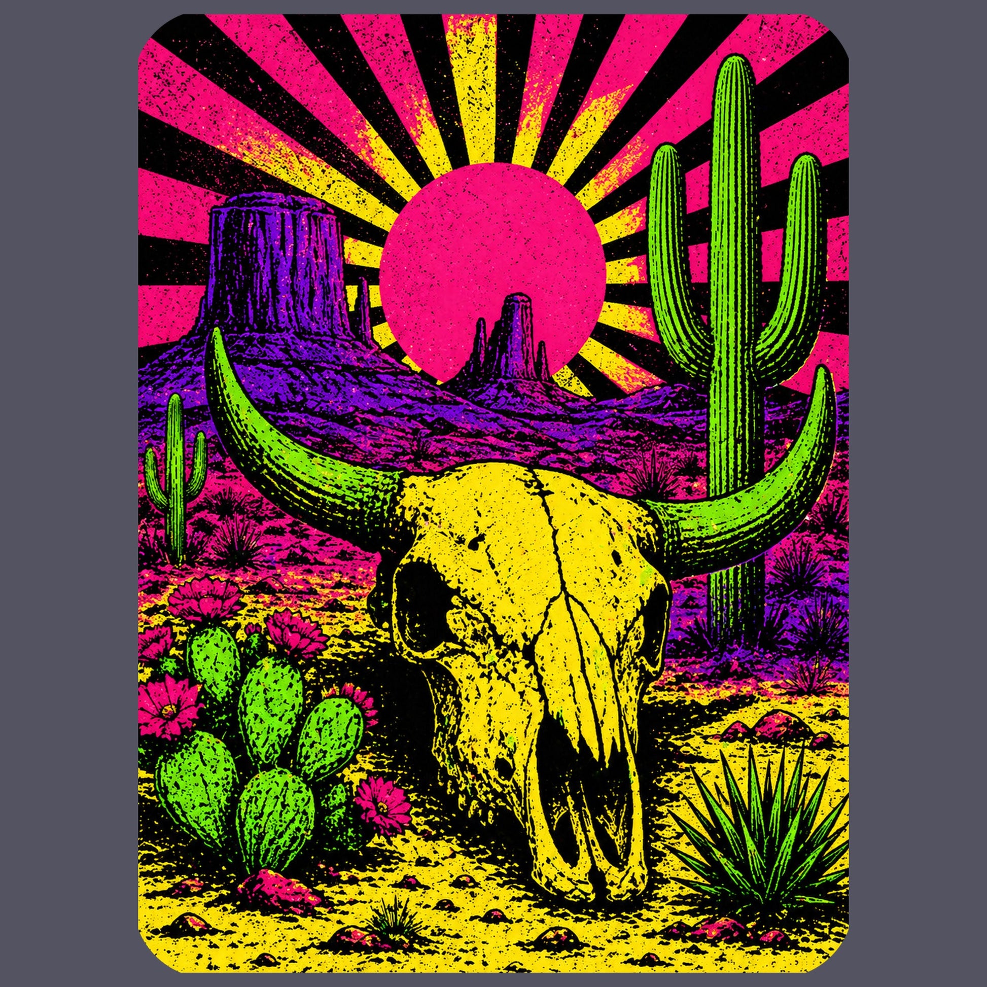 Close-up of the Neon Skull Sunburst Desert design on a Heather Navy tee