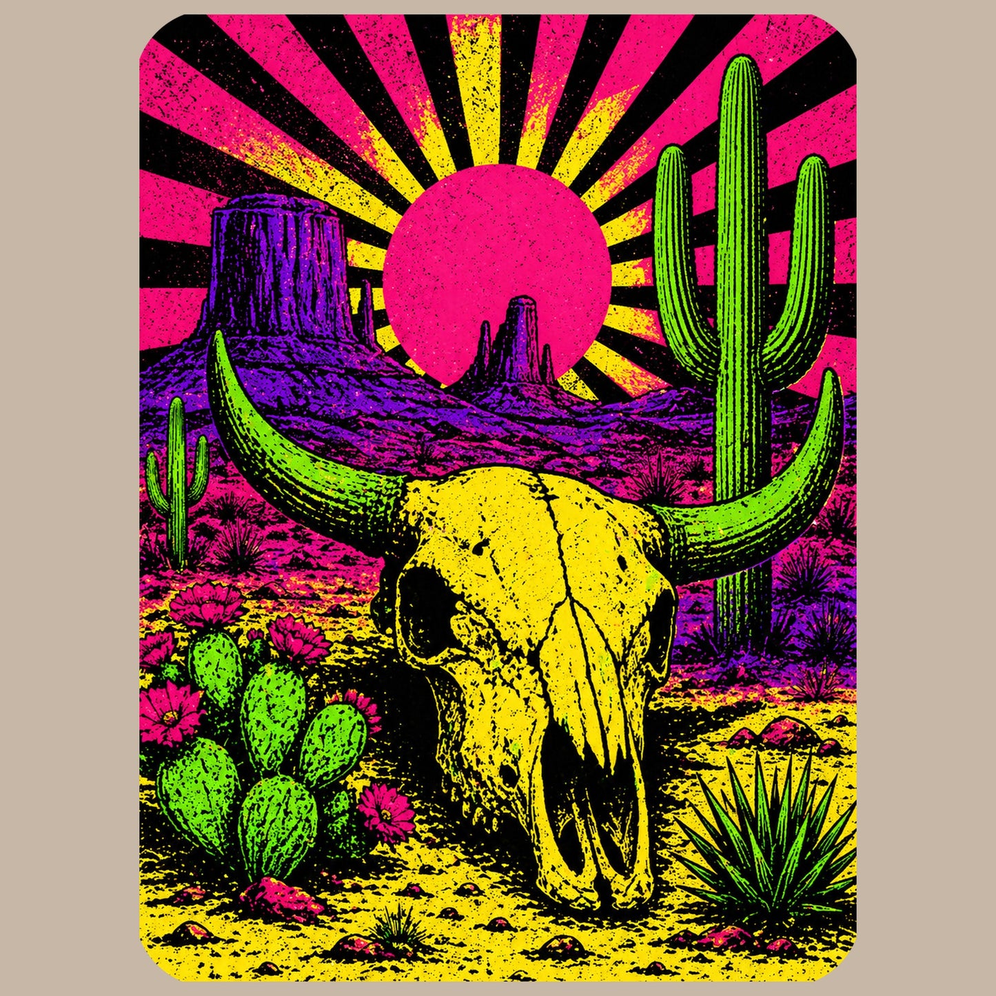 Close-up of the Neon Skull Sunburst Desert design on a Heather Stone tee