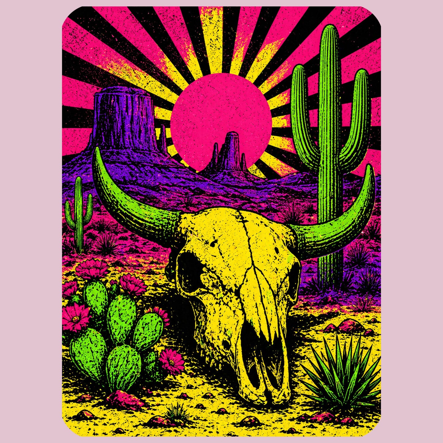 Close-up of the Neon Skull Sunburst Desert design on a Light Violet tee