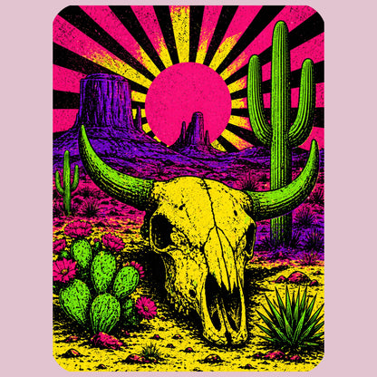 Close-up of the Neon Skull Sunburst Desert design on a Light Violet tee