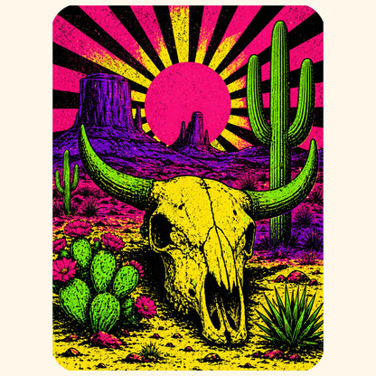 Close-up of the Neon Skull Sunburst Desert design on a Natural tee