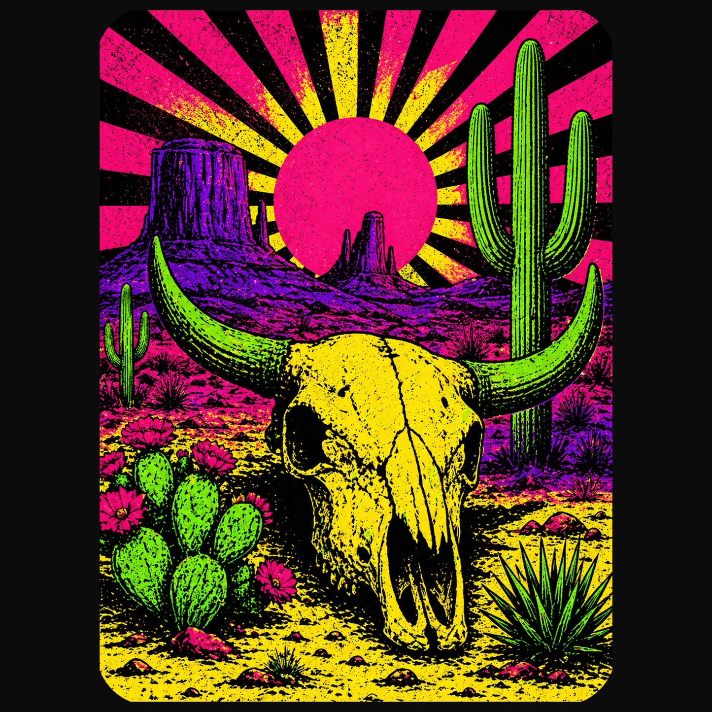 Close-up of the Neon Blacklight Cow Skull design on a Solid Black Blend V-neck tee