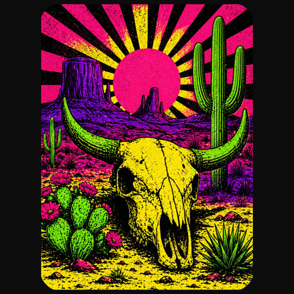 Close-up of the Neon Blacklight Cow Skull design on a Solid Black Blend V-neck tee
