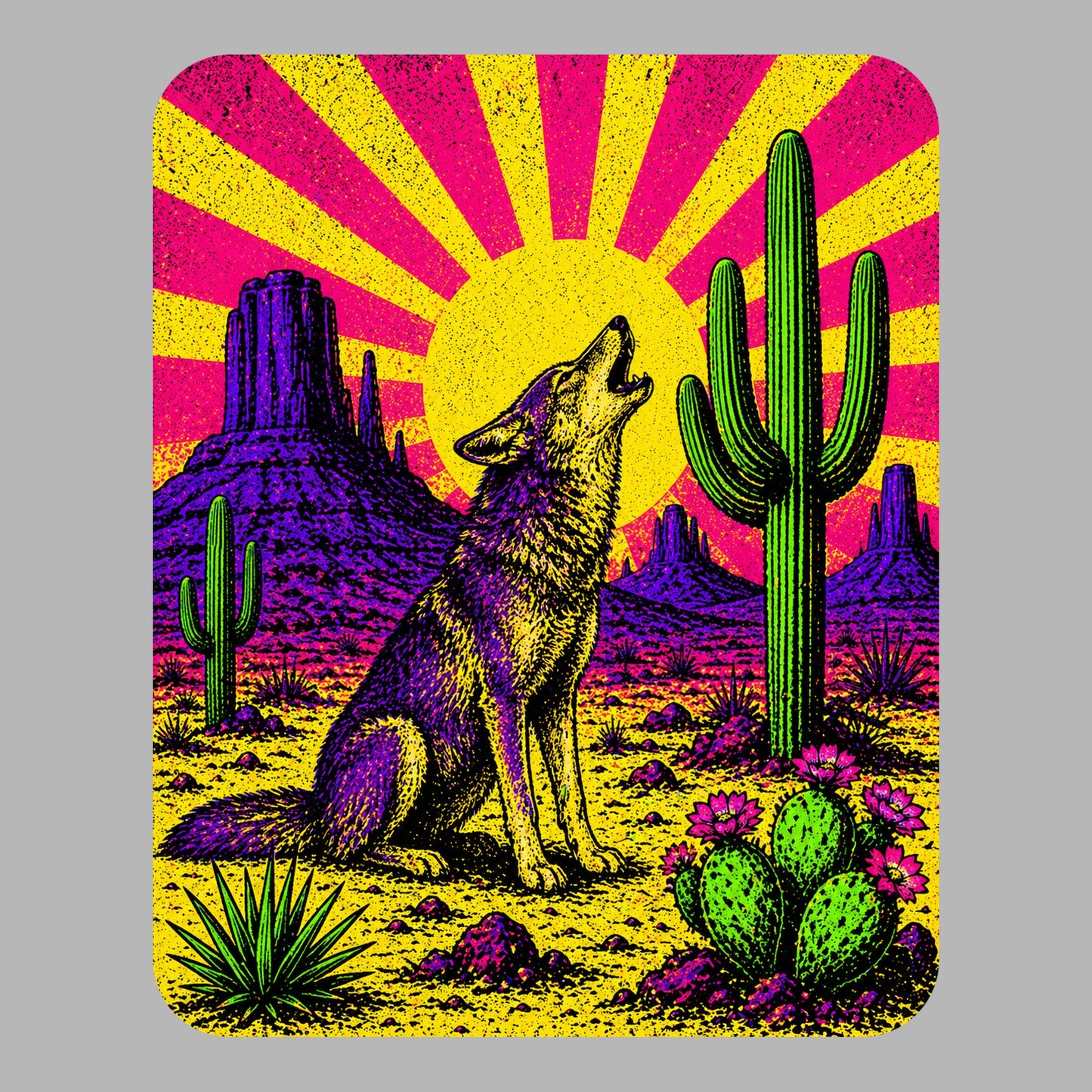 Close-up of the Neon Sunburst Howling Coyote design on an Athletic Heather tee