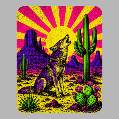 Close-up of the Neon Sunburst Howling Coyote design on an Athletic Heather tee