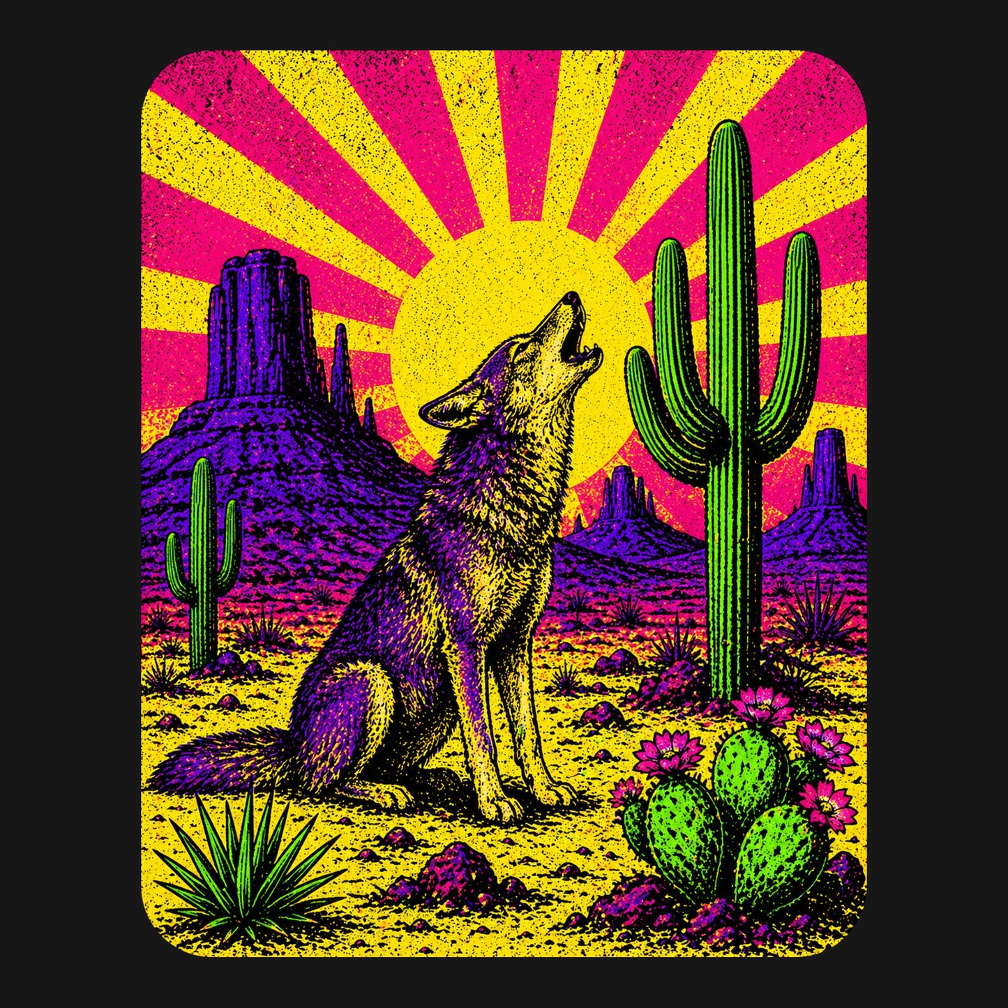 Close-up of the Neon Sunburst Howling Coyote design on a Black tee