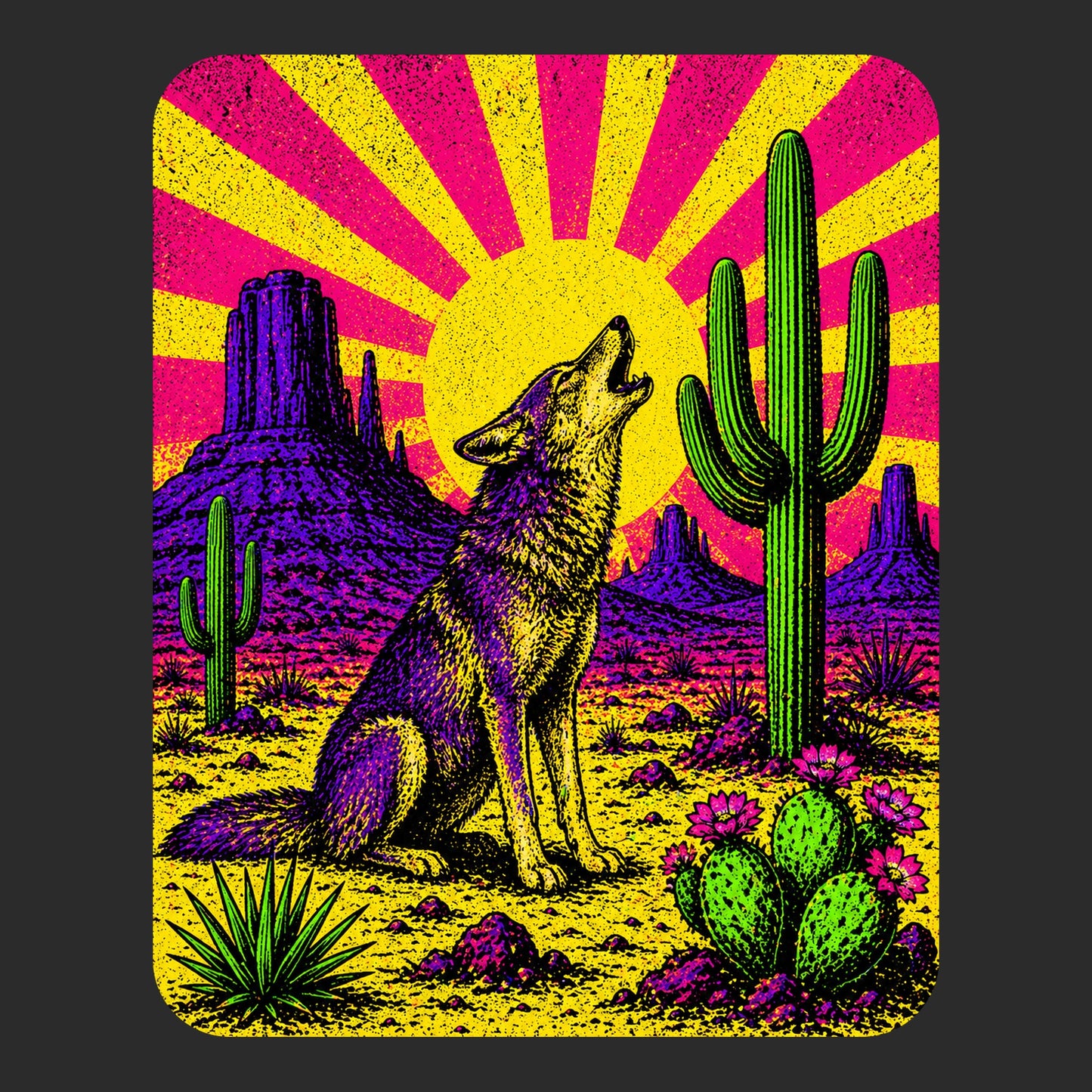 Close-up of the Neon Sunburst Coyote design on a Dark Grey Heather V-neck tee