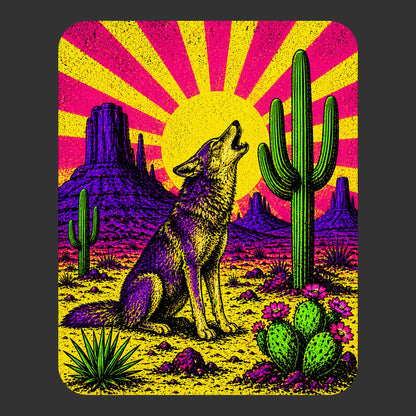 Close-up of the Neon Sunburst Howling Coyote design on a Dark Grey Heather tee