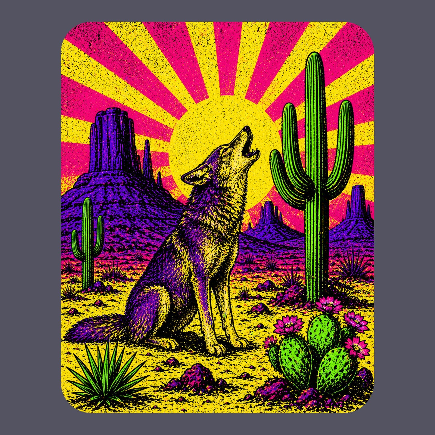 Close-up of the Neon Sunburst Howling Coyote design on a Heather Navy tee