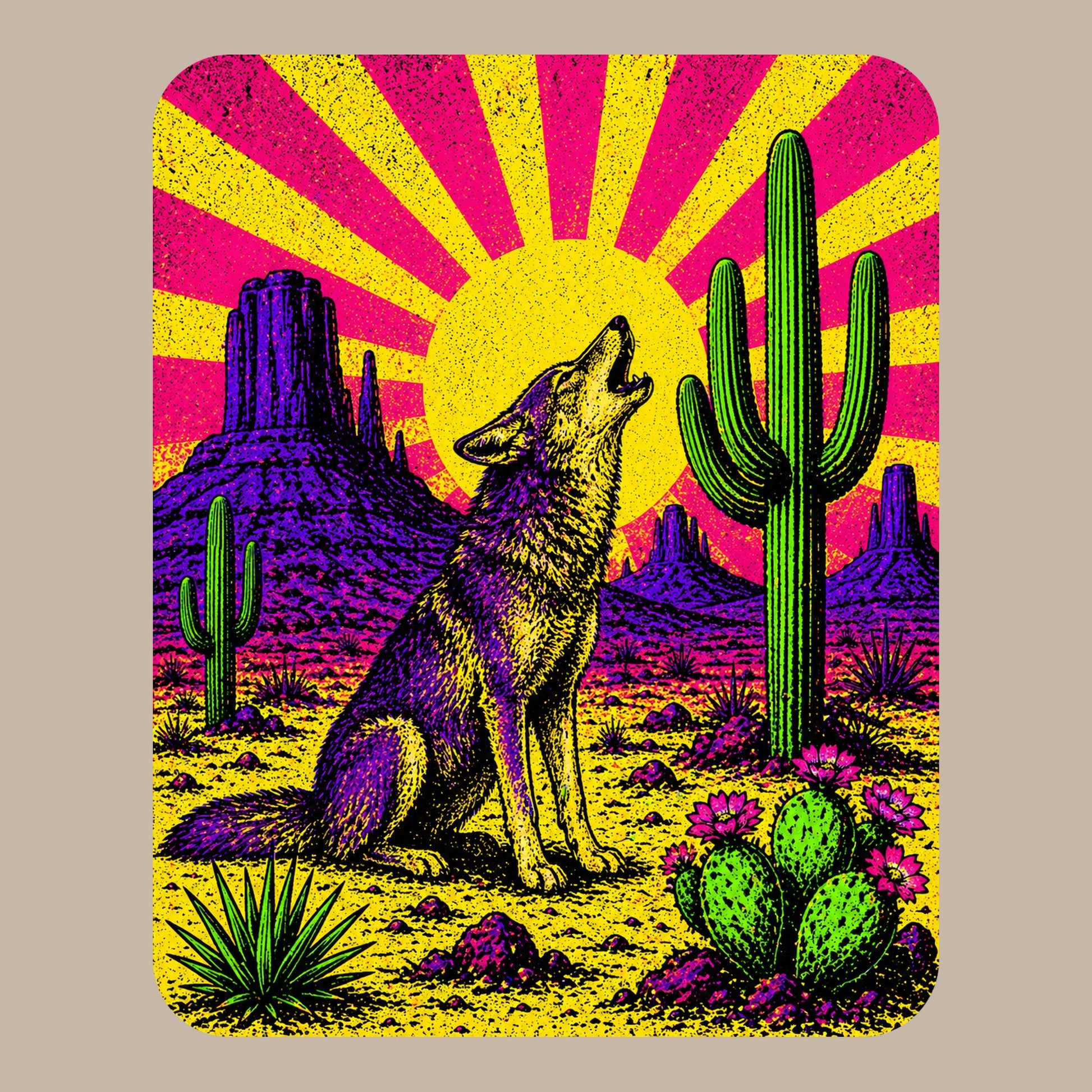 Close-up of the Neon Sunburst Howling Coyote design on a Heather Stone tee