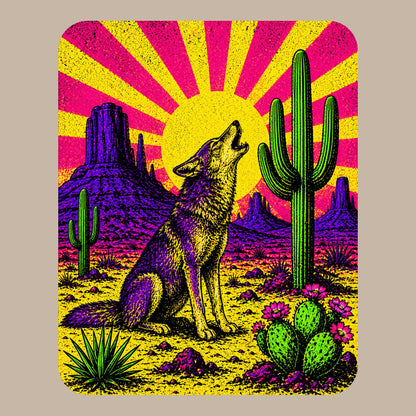Close-up of the Neon Sunburst Howling Coyote design on a Heather Stone tee