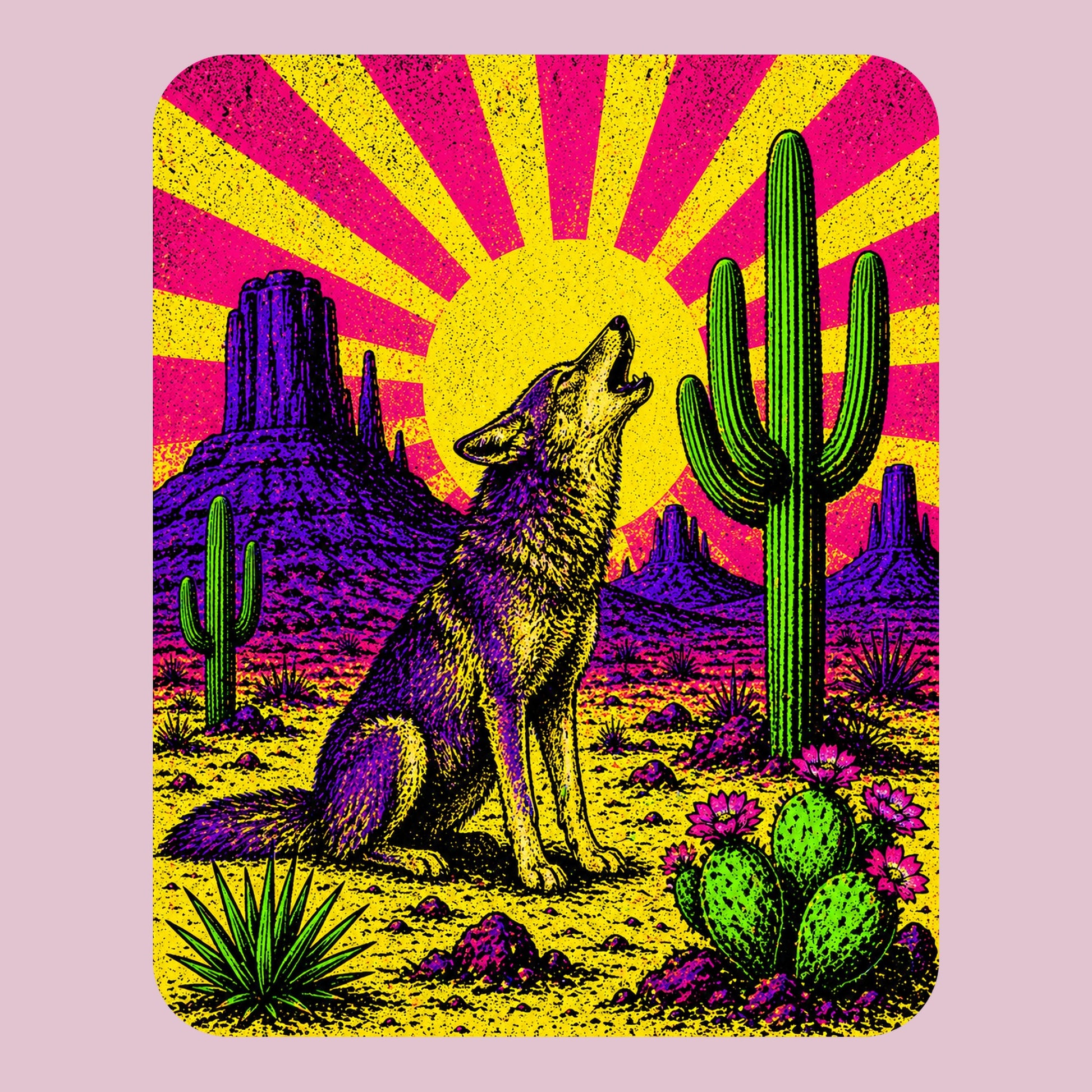 Close-up of the Neon Sunburst Howling Coyote design on a Light Violet tee