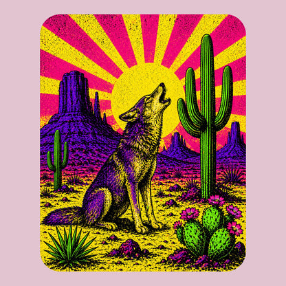 Close-up of the Neon Sunburst Howling Coyote design on a Light Violet tee