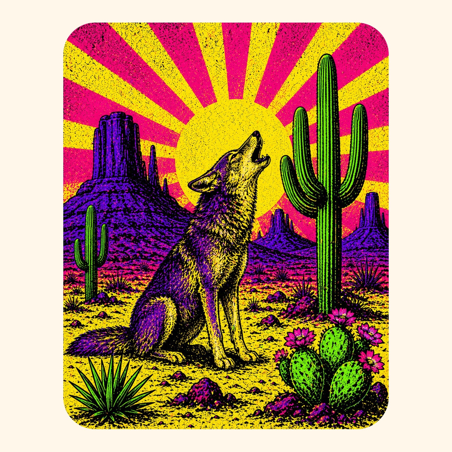 Close-up of the Neon Sunburst Howling Coyote design on a Natural tee