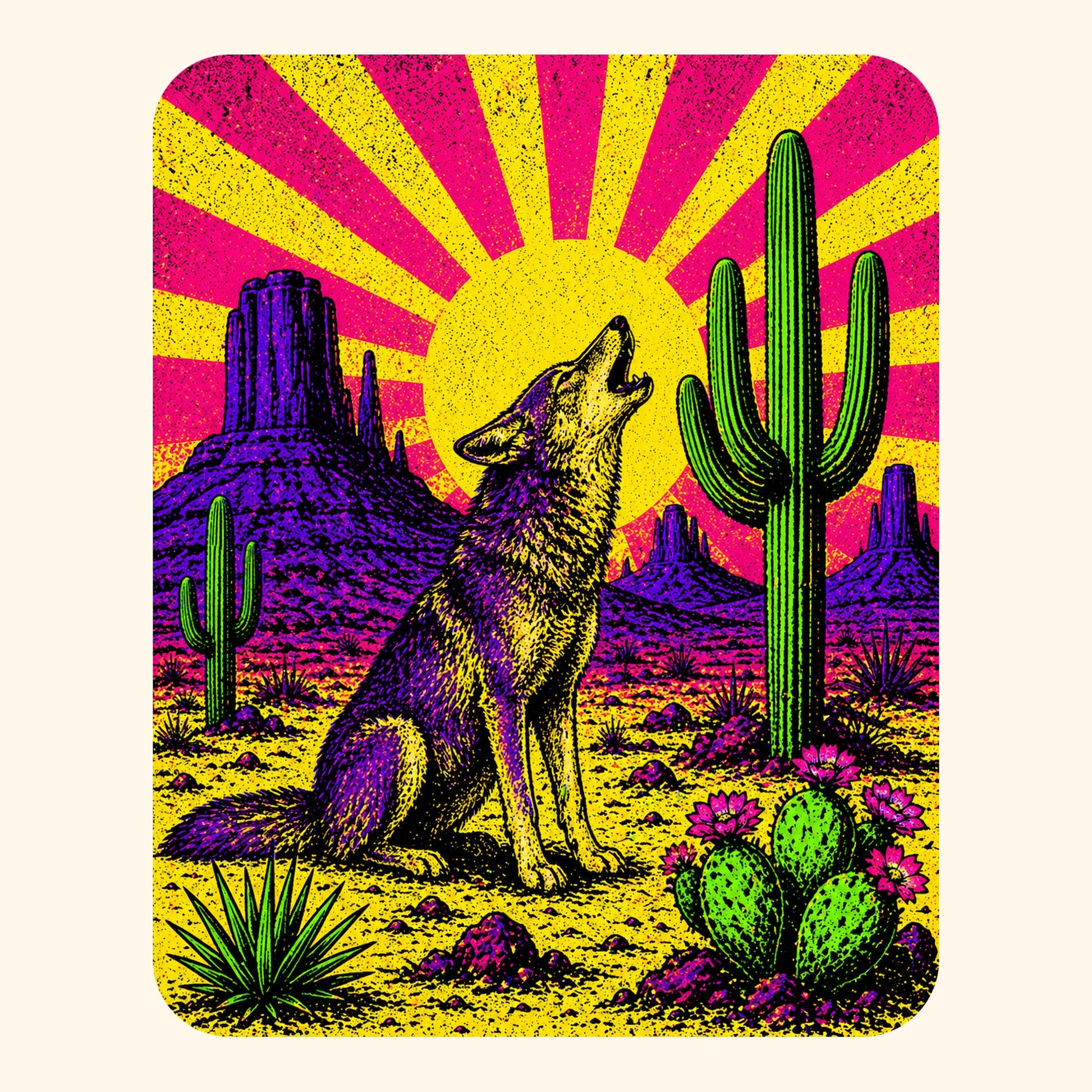 Close-up of the Neon Sunburst Howling Coyote design on a Natural tee
