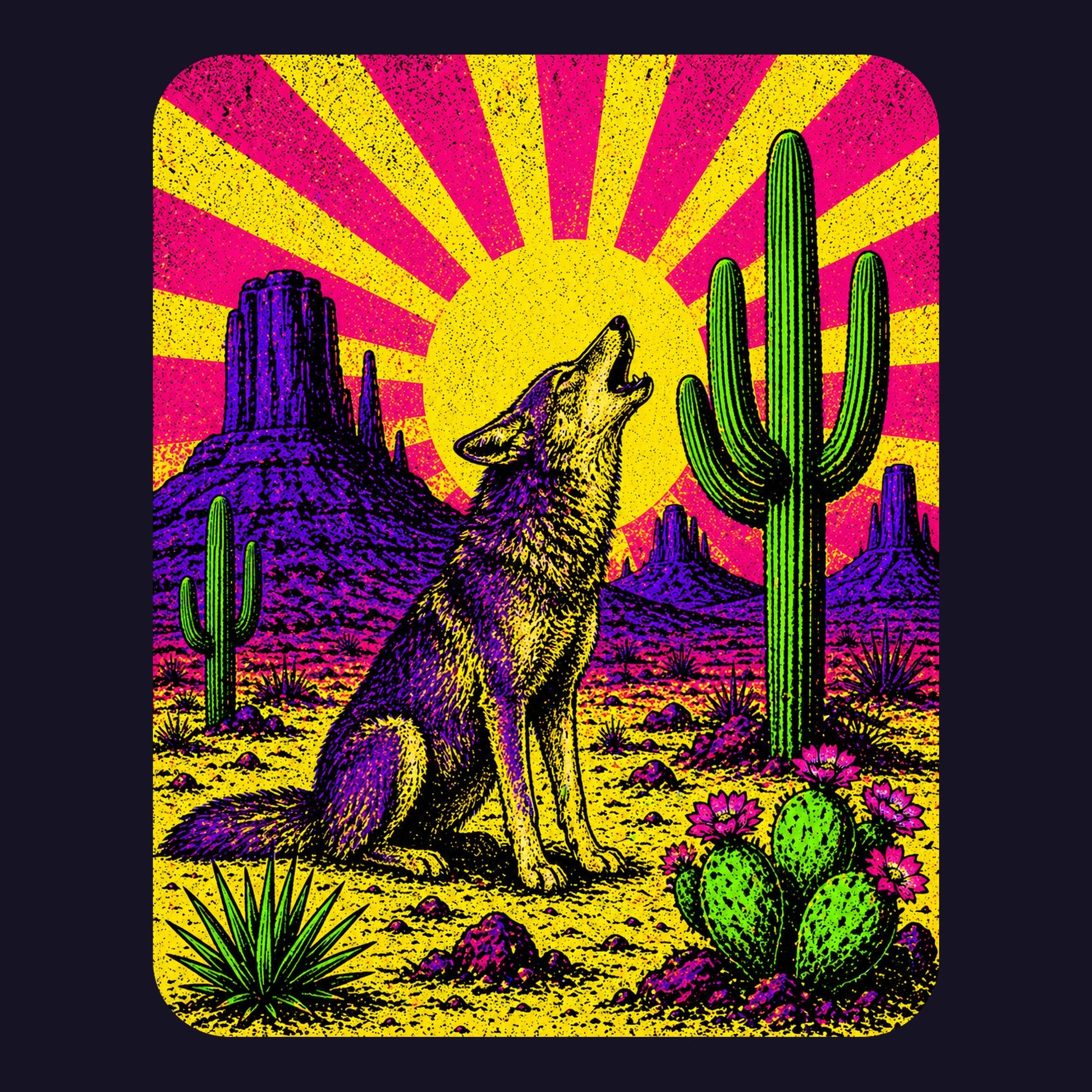 Close-up of the Neon Sunburst Howling Coyote design on a Navy tee
